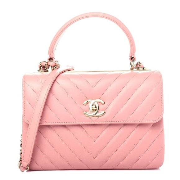 Authentic CHANEL Trendy Chevron Lambskin Quilted Dual Handle Flap Bag Pink Tote - Picture 3 of 12
